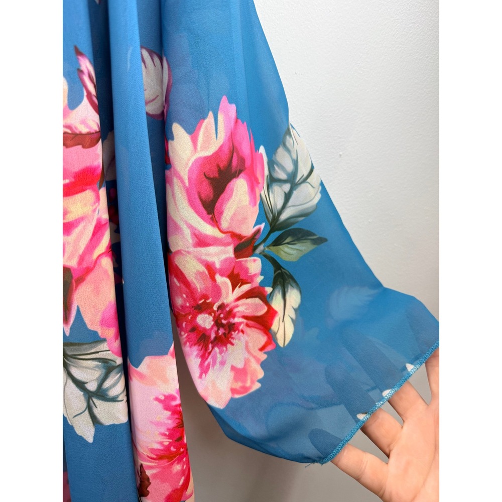 Womens Floral Kimono Blue Pink Lightweight Sheer Open Front Cardigan XXXL Beachy - Picture 5 of 8